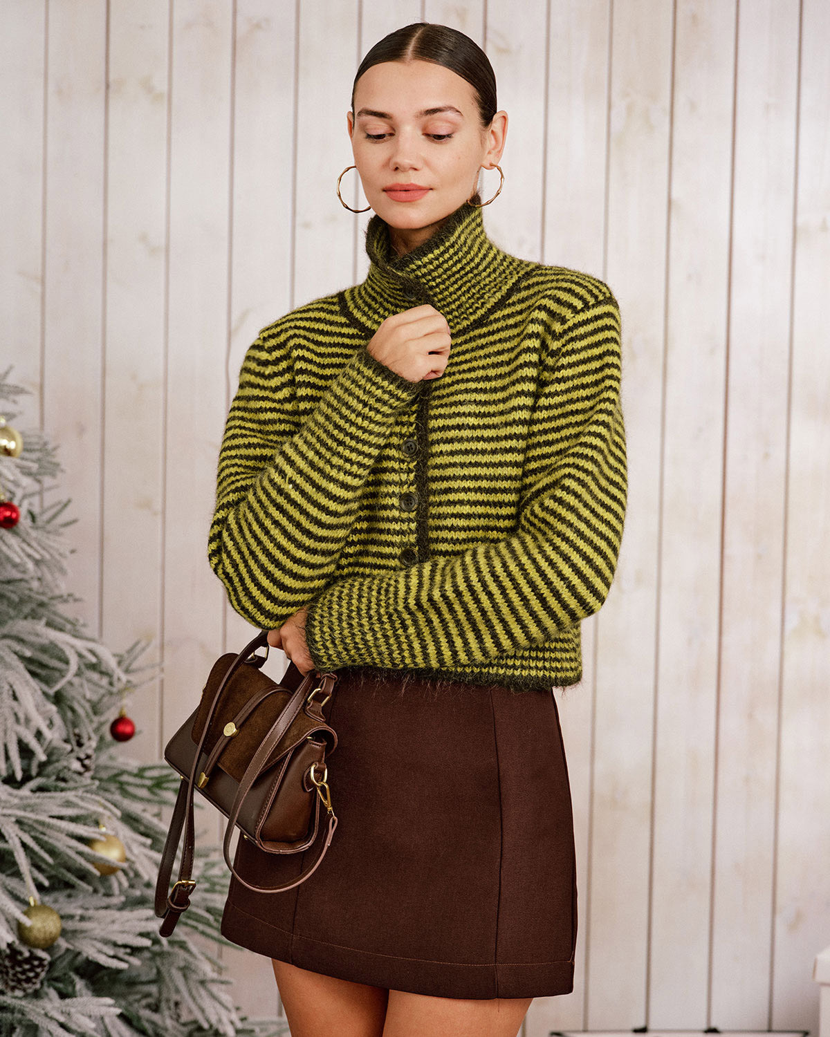 DALIA - Green Striped Turtle Knit Cardigan
