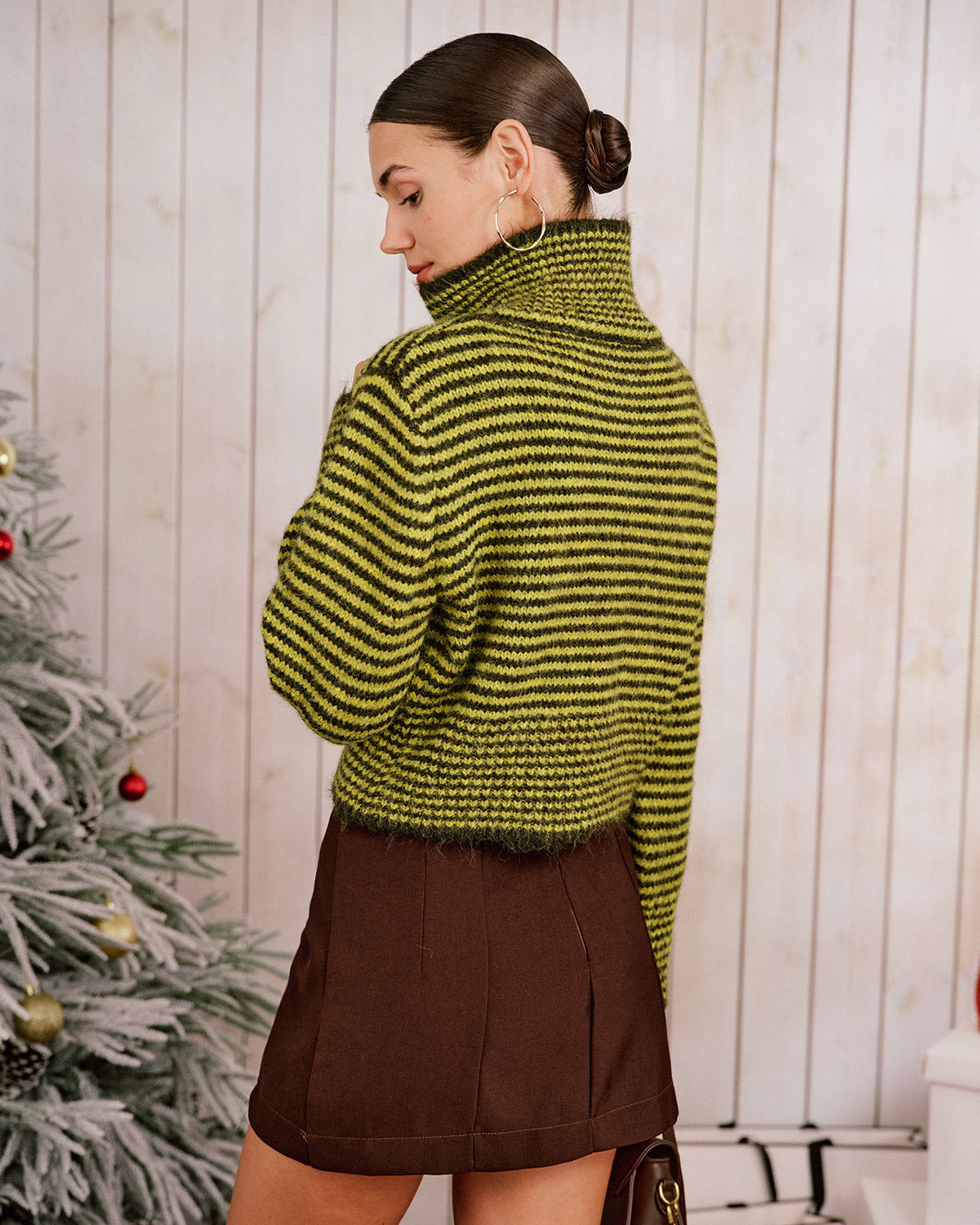 DALIA - Green Striped Turtle Knit Cardigan