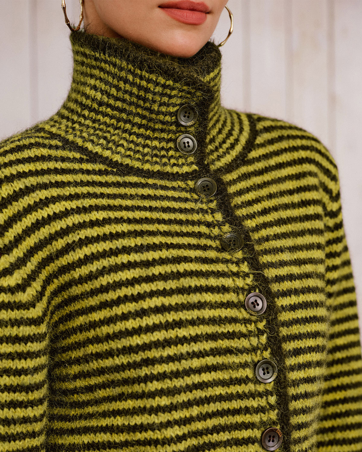 DALIA - Green Striped Turtle Knit Cardigan