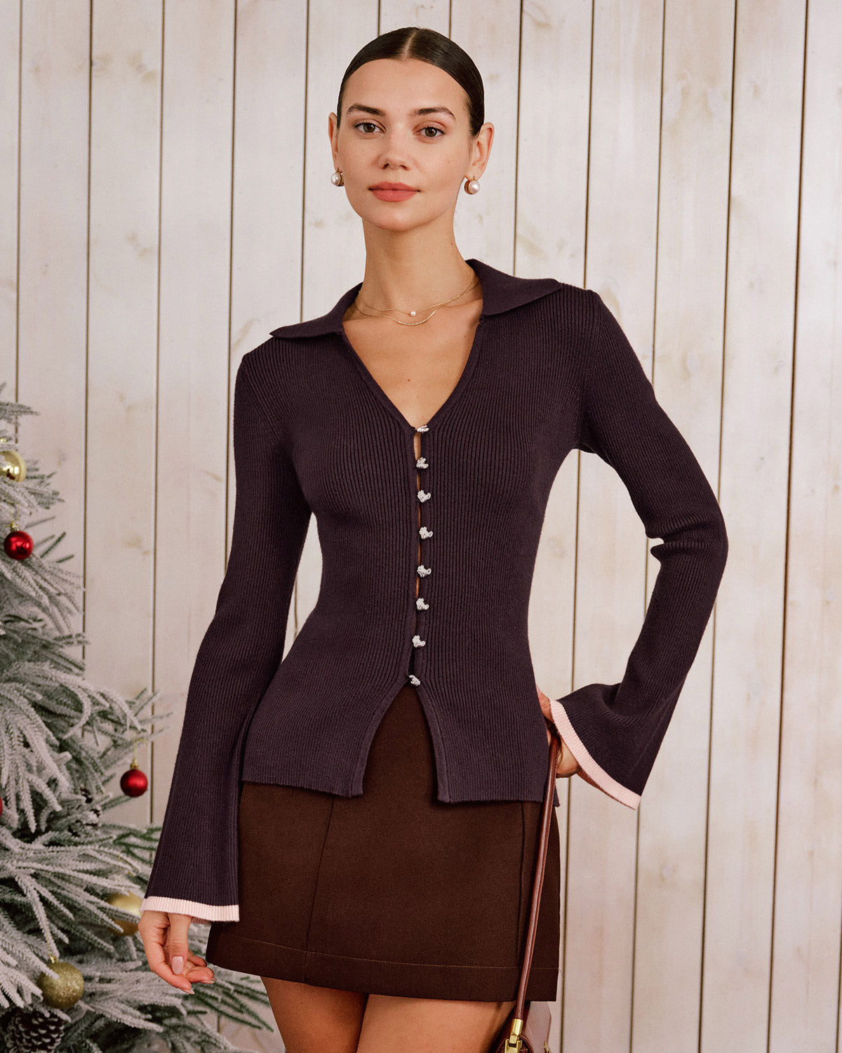 DALIA - Paars gebreid vest met contrasterende wijde mouwen