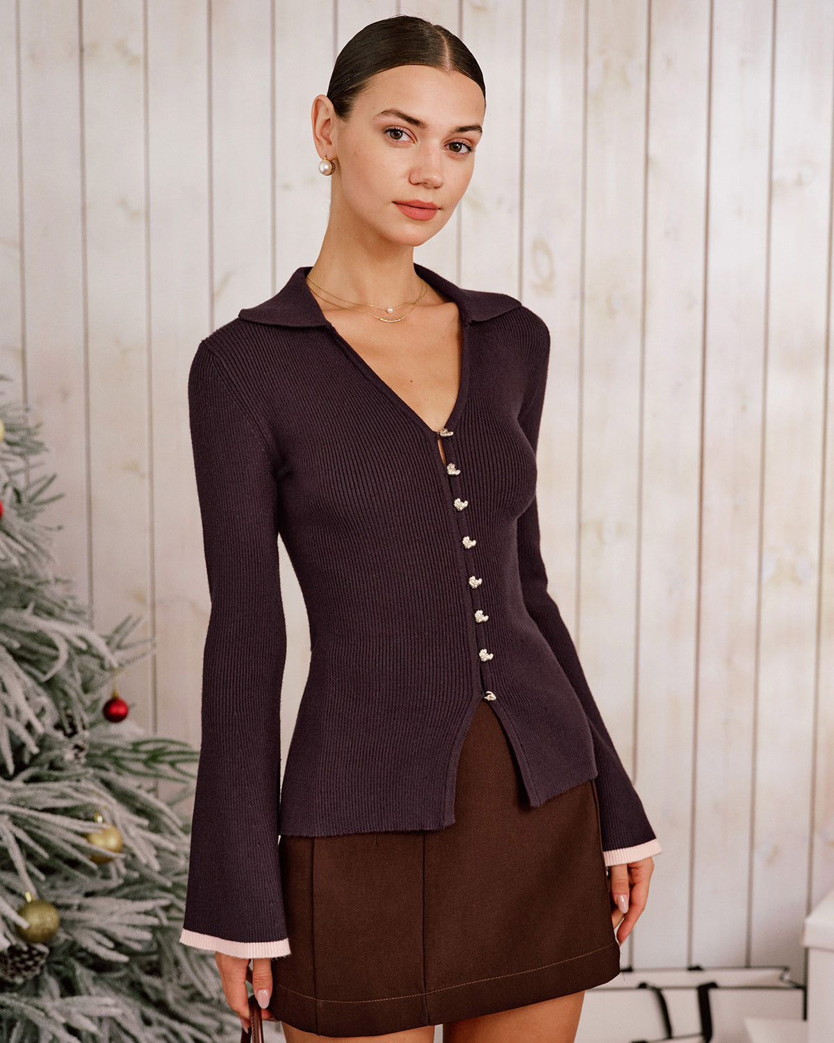 DALIA - Paars gebreid vest met contrasterende wijde mouwen