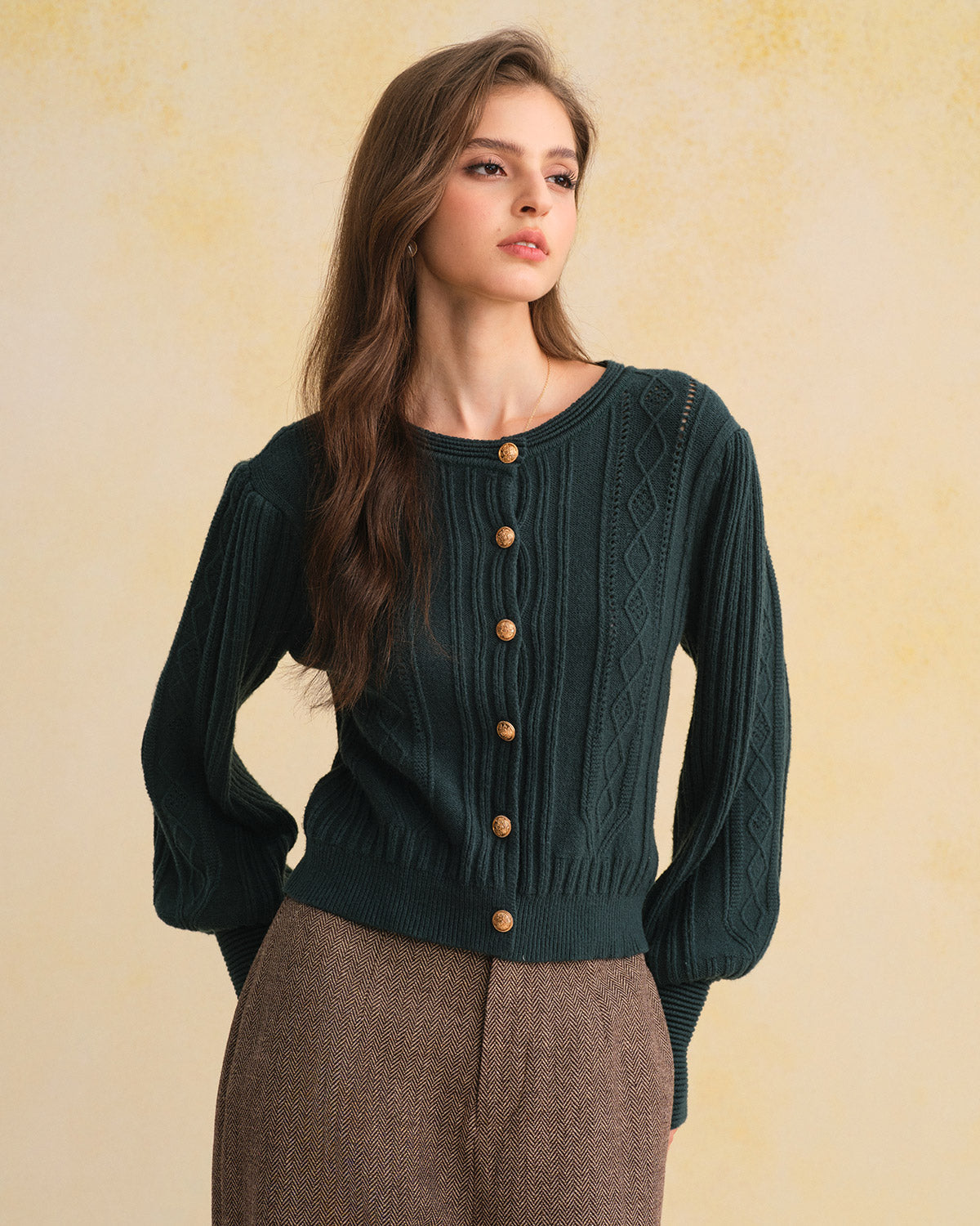 DALIA - Groen retro gebreid vest met lantaarnmouwen