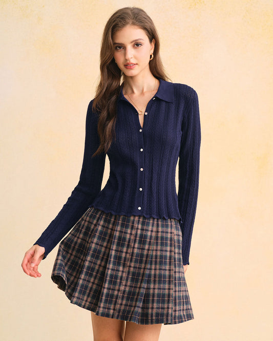 DALIA - Granatowy, jednorzędowy kardigan dzianinowy