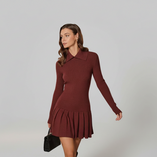 DALIA - Coffee A-Line Pleated Knitted Dress