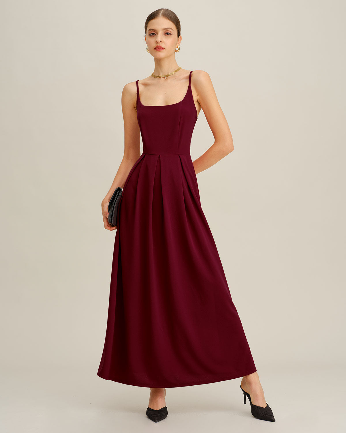 DALIA - Wijnrode geplooide slip maxi-jurk
