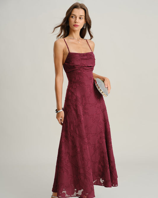 DALIA - Wijnrode jacquard slip maxi-jurk