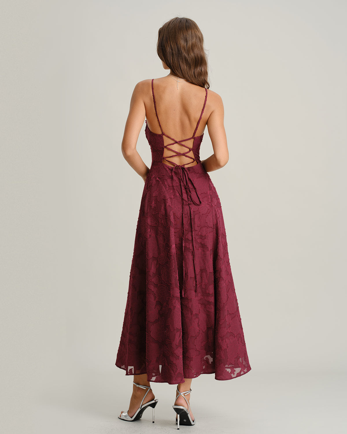 DALIA - Wijnrode jacquard slip maxi-jurk