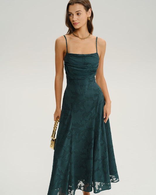 DALIA - Groene jacquard A-lijn slip maxi-jurk