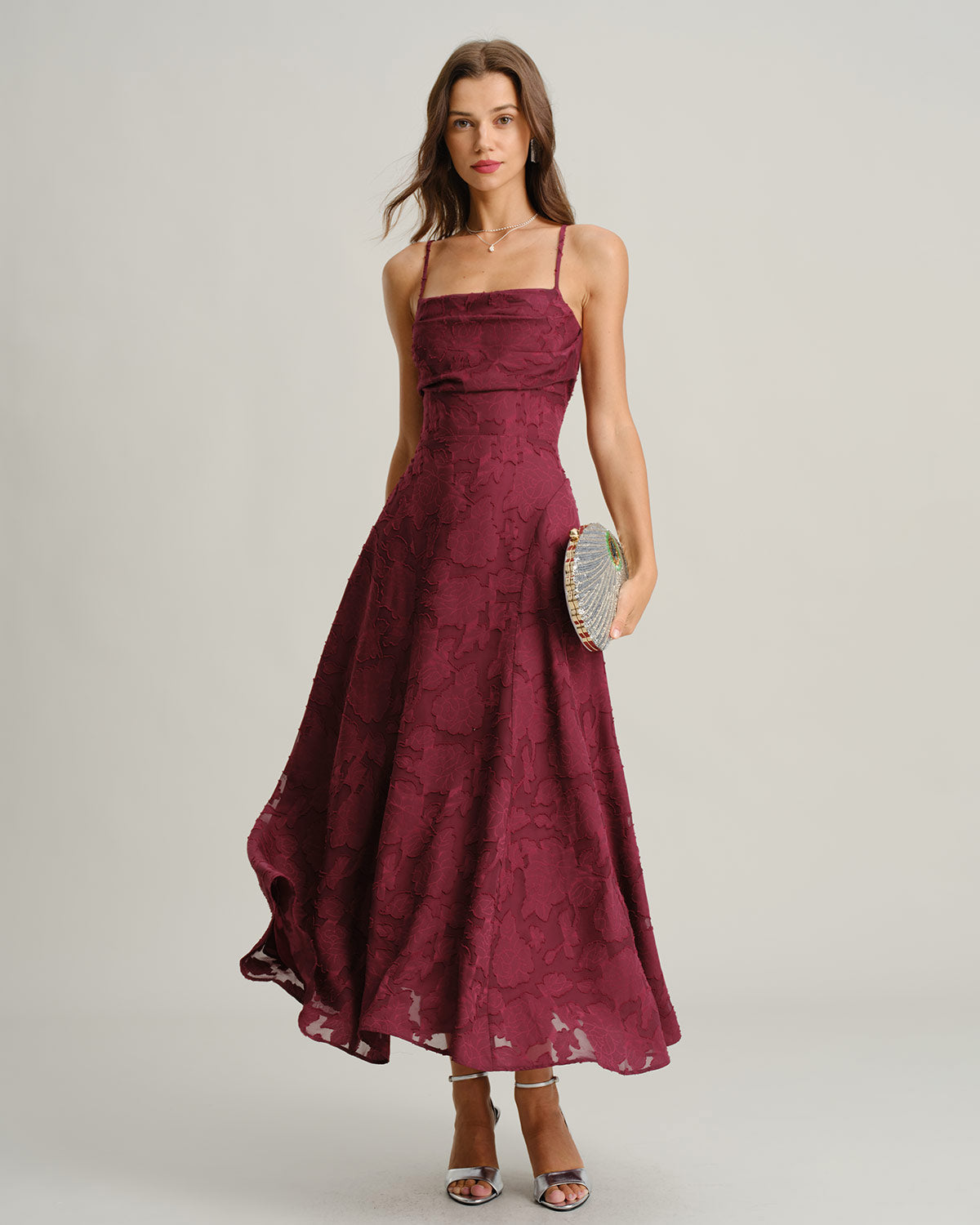 DALIA - Wijnrode jacquard slip maxi-jurk