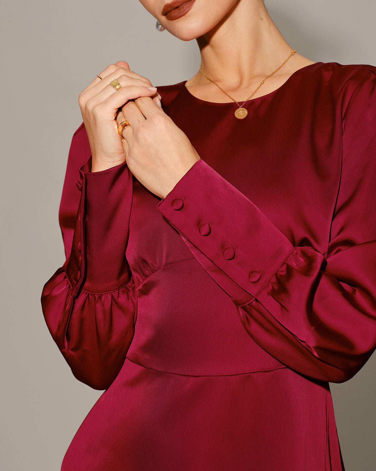 Wijnrode satijnen A-lijn midi-jurk