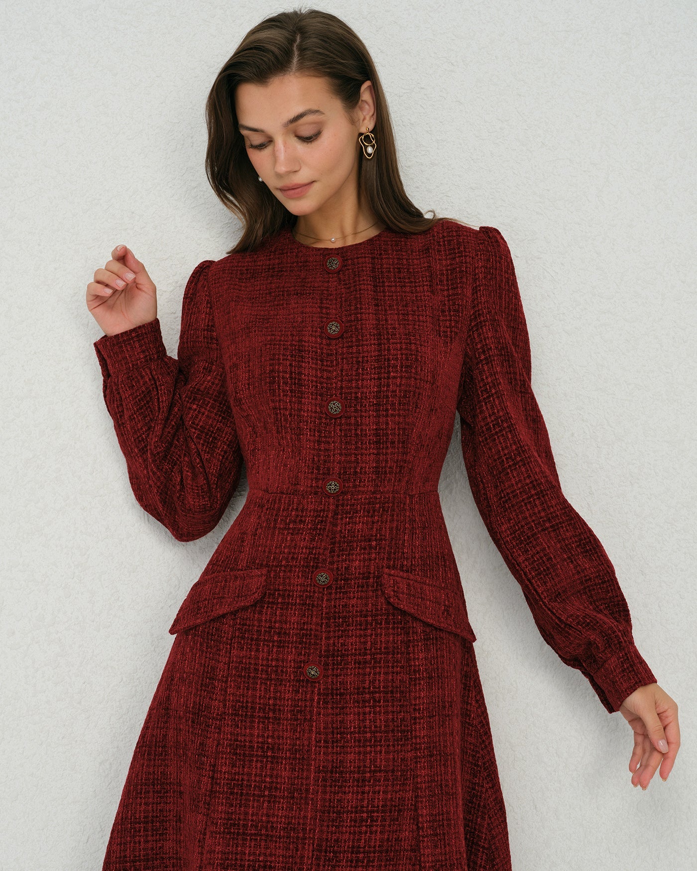 DALIA - Midi-jurk met rode lantaarnmouwen en A-lijn model