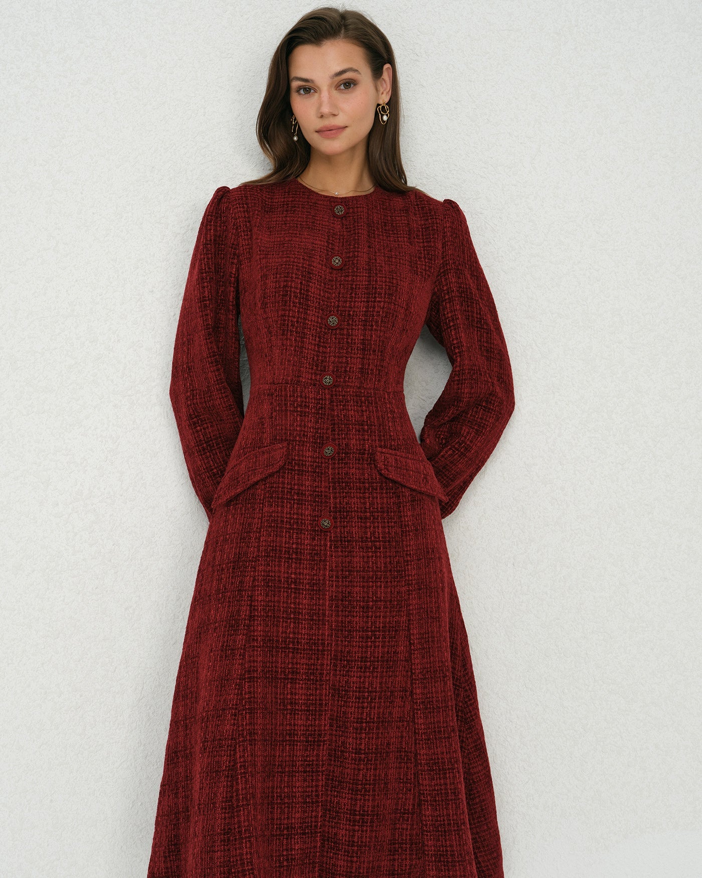 DALIA - Midi-jurk met rode lantaarnmouwen en A-lijn model