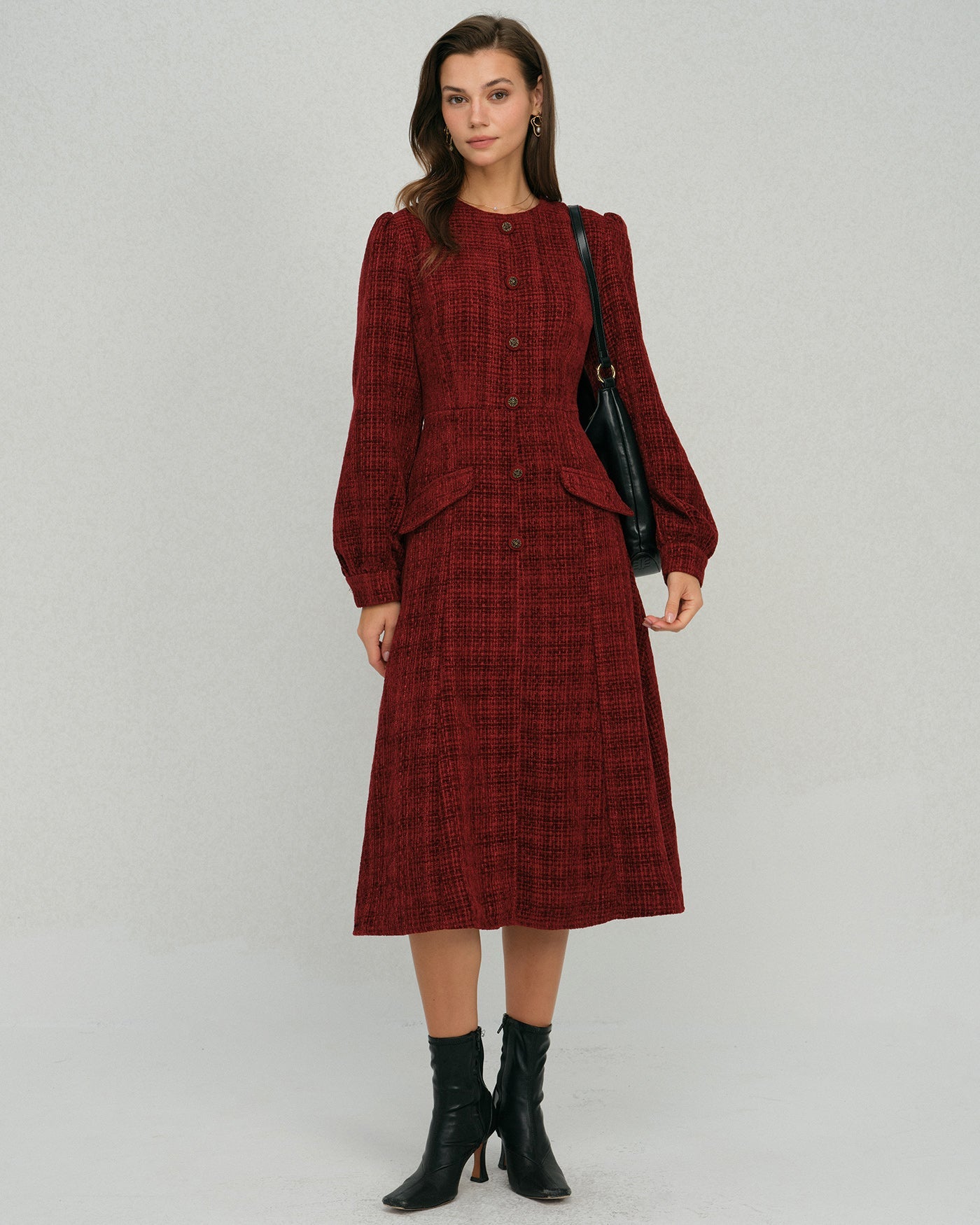 DALIA - Midi-jurk met rode lantaarnmouwen en A-lijn model