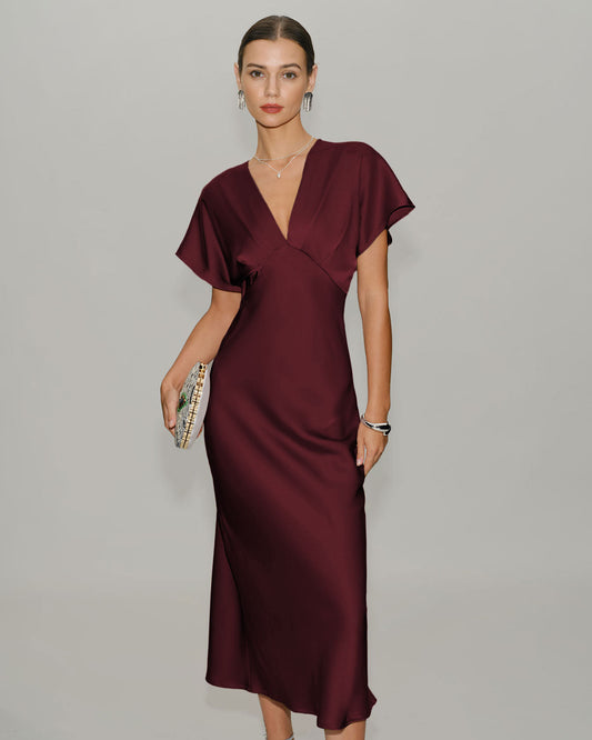 DALIA - Wine Red Satin Cowl Sleeve Midi Dress