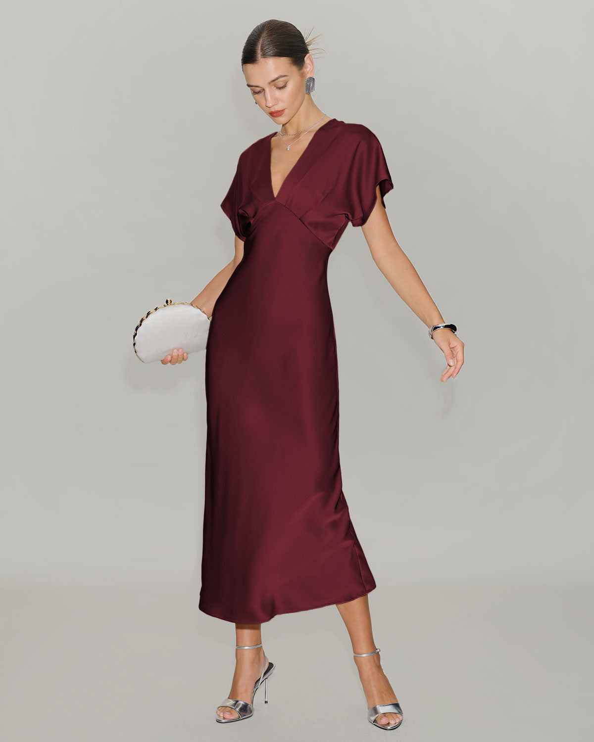 DALIA - Wine Red Satin Cowl Sleeve Midi Dress