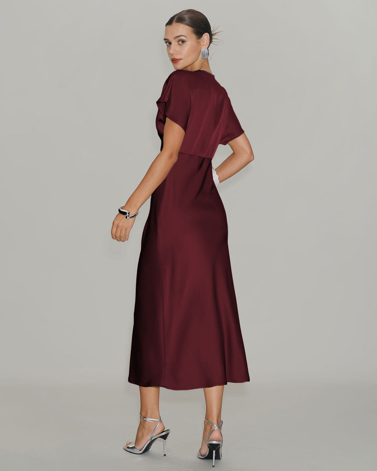 DALIA - Wine Red Satin Cowl Sleeve Midi Dress