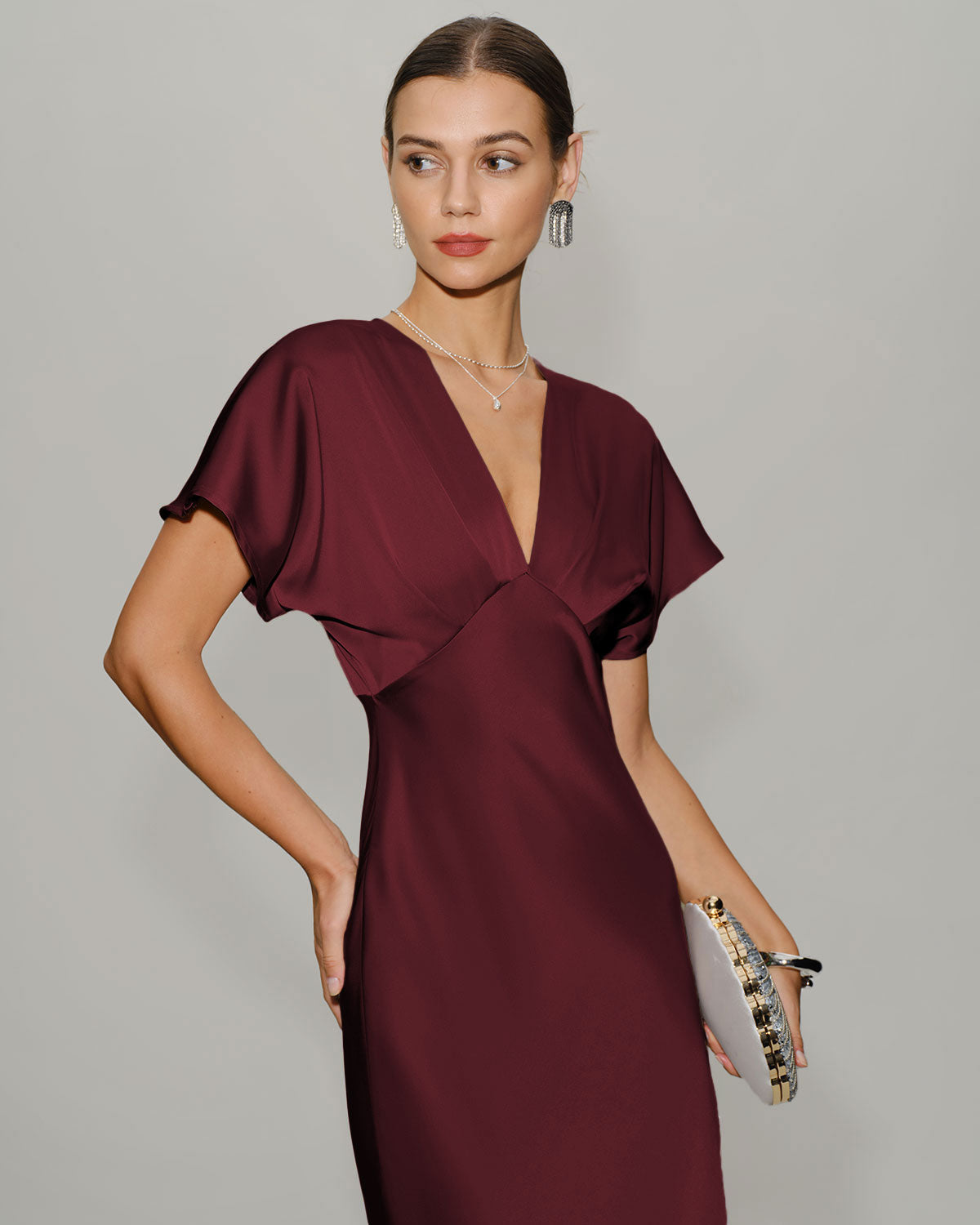 DALIA - Wine Red Satin Cowl Sleeve Midi Dress