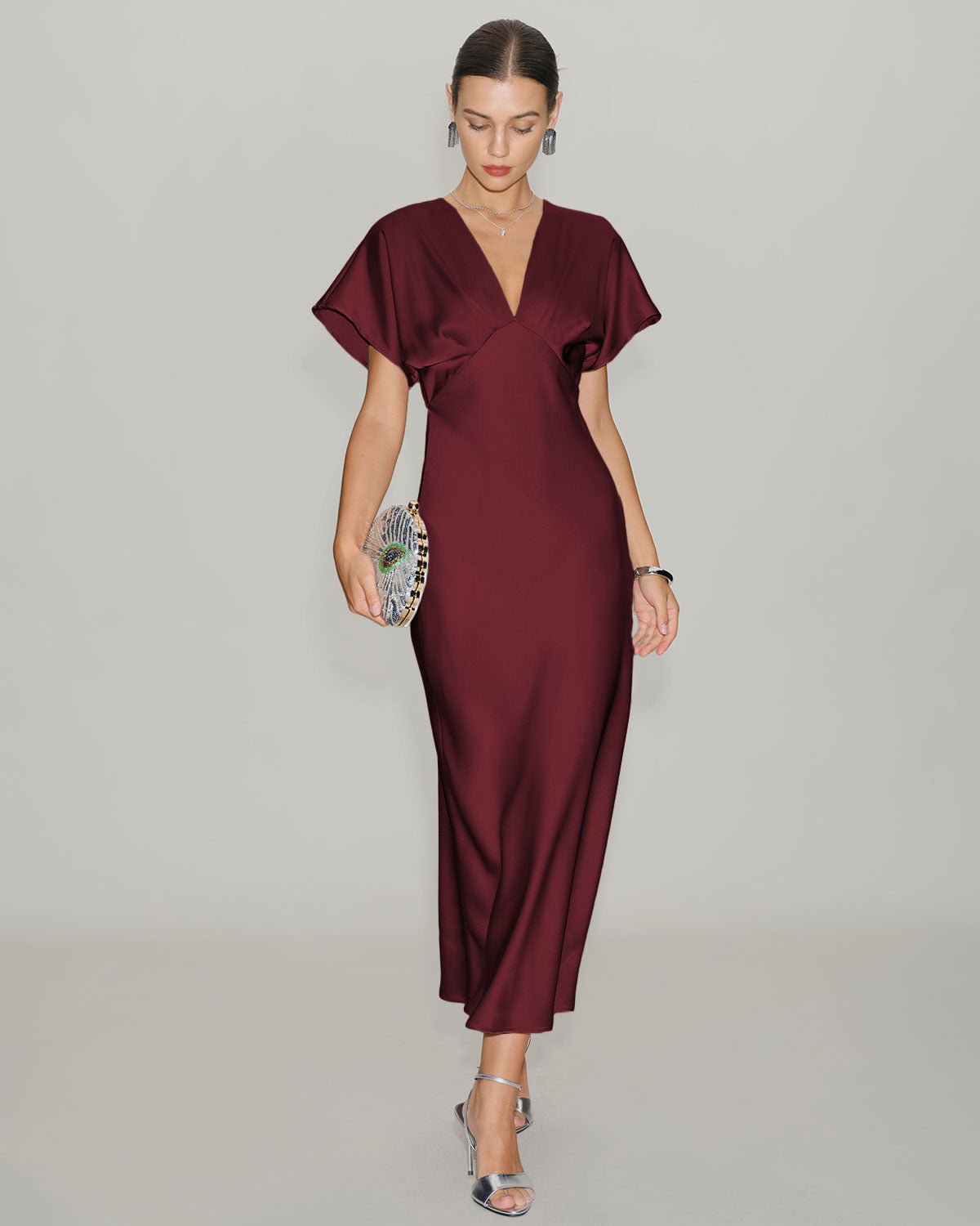 DALIA - Wine Red Satin Cowl Sleeve Midi Dress
