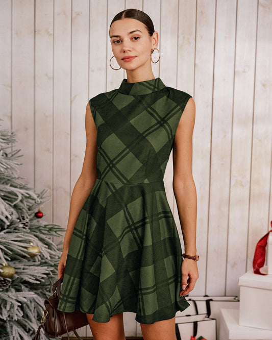 Green Plaid Mock Neck Sleeveless Mini Dress
