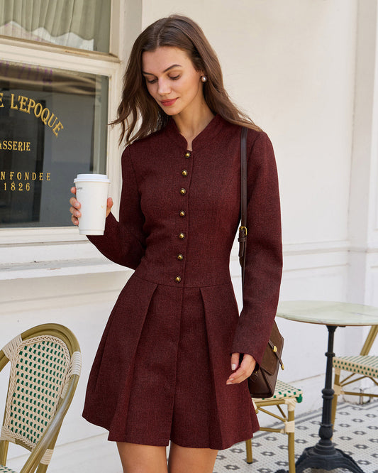 DALIA - Wine Red Pleated Button Mini Dress