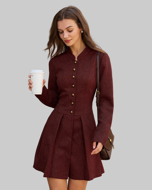 DALIA – Wine Red Pleated Button Mini Dress